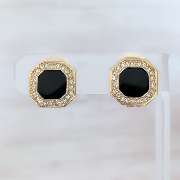Vintage Christian Dior Clip On Earrings Black, Gold Tone, Clear Gem - Picture 1 of 6